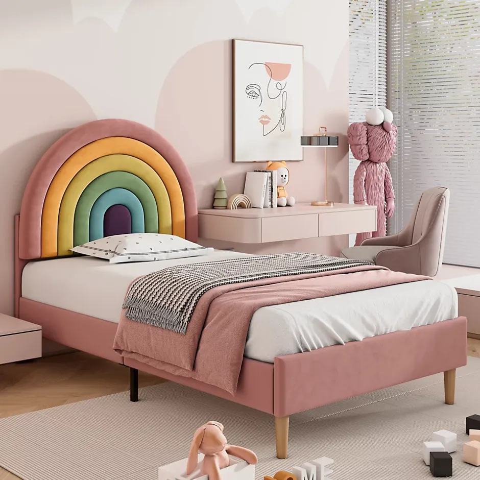 Okwish Lit enfant 90x200 cm, Lit Capitonné avec Tête de Lit Arc-en-Ciel Réglable, Revêtement en Velours Doux - Rose, Sans Matelas Sale