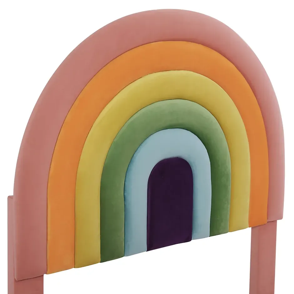 Okwish Lit enfant 90x200 cm, Lit Capitonné avec Tête de Lit Arc-en-Ciel Réglable, Revêtement en Velours Doux - Rose, Sans Matelas Sale