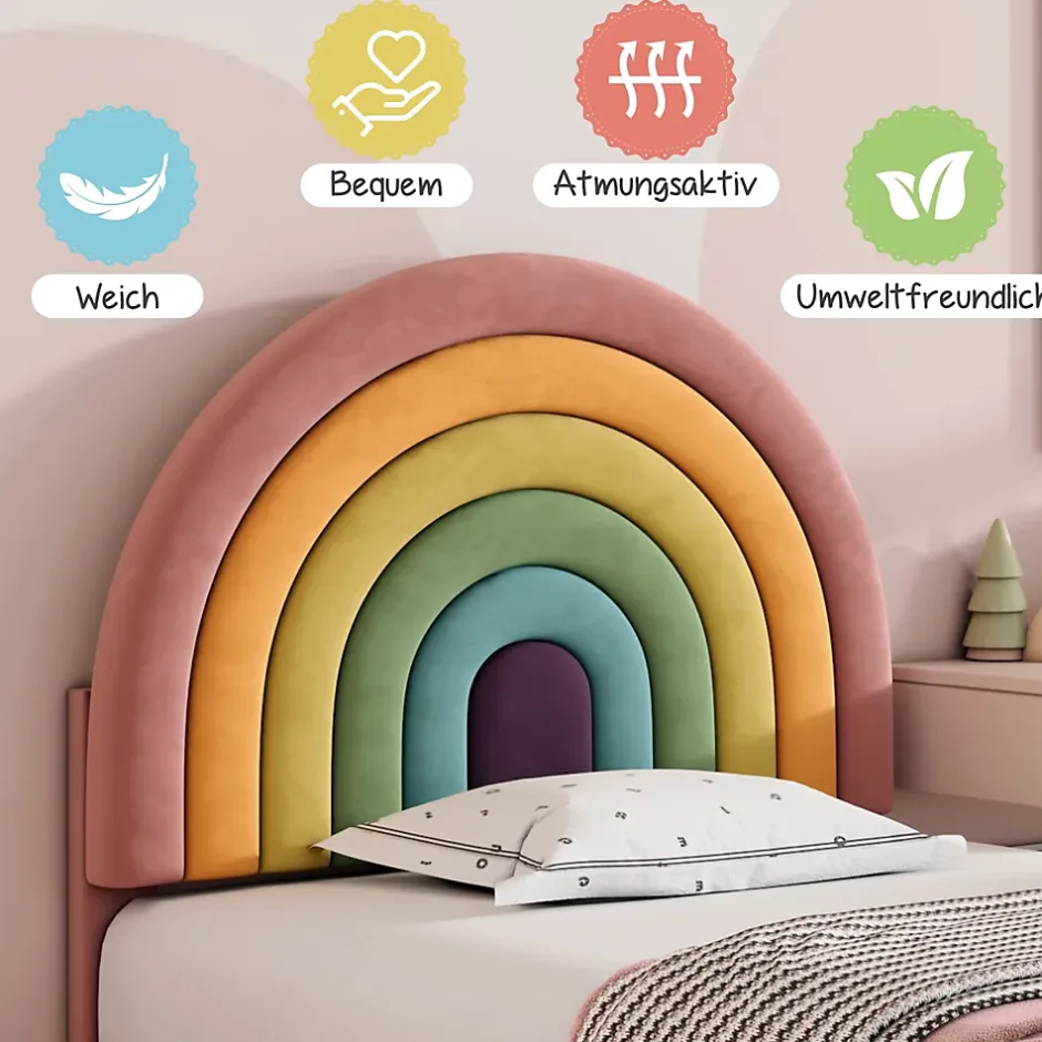 Okwish Lit enfant 90x200 cm, Lit Capitonné avec Tête de Lit Arc-en-Ciel Réglable, Revêtement en Velours Doux - Rose, Sans Matelas Sale