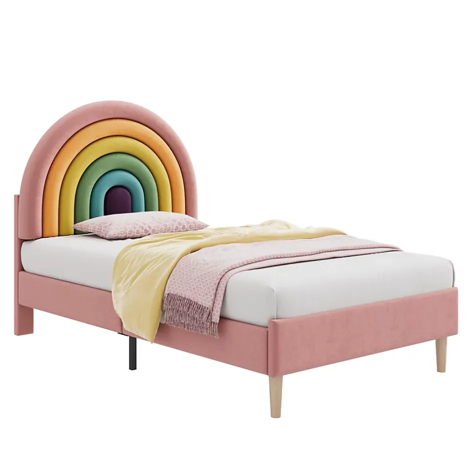 Okwish Lit enfant 90x200 cm, Lit Capitonné avec Tête de Lit Arc-en-Ciel Réglable, Revêtement en Velours Doux - Rose, Sans Matelas Sale