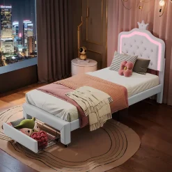 Simple Life Lit enfant 90x200 cm, lit simple avec sommier à lattes, tiroirs, LED, lit princesse avec couronne, blanc Discount