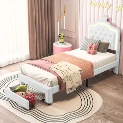 Simple Life Lit enfant 90x200 cm, lit simple avec sommier à lattes, tiroirs, LED, lit princesse avec couronne, blanc Discount