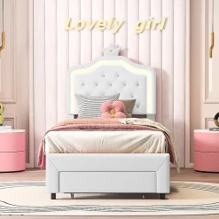 Simple Life Lit enfant 90x200 cm, lit simple avec sommier à lattes, tiroirs, LED, lit princesse avec couronne, blanc Discount