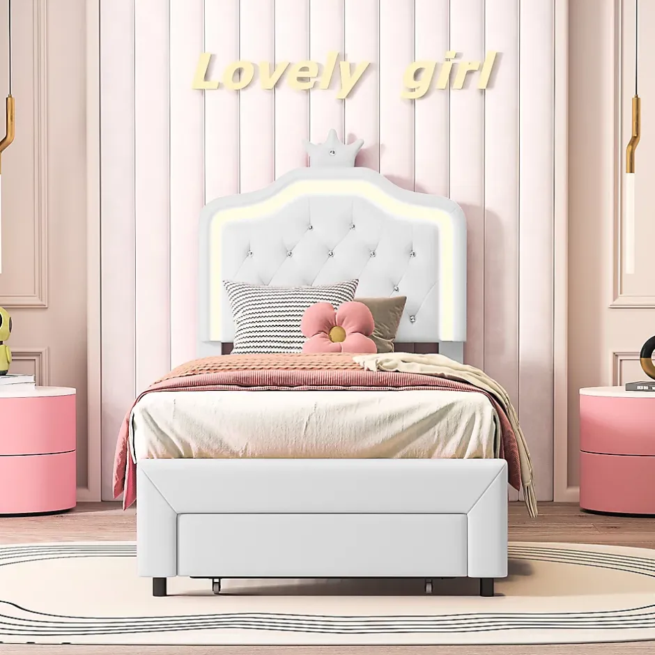 Simple Life Lit enfant 90x200 cm, lit simple avec sommier à lattes, tiroirs, LED, lit princesse avec couronne, blanc Discount