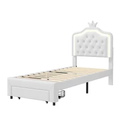 Simple Life Lit enfant 90x200 cm, lit simple avec sommier à lattes, tiroirs, LED, lit princesse avec couronne, blanc Discount