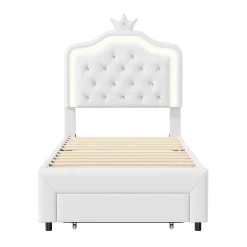 Simple Life Lit enfant 90x200 cm, lit simple avec sommier à lattes, tiroirs, LED, lit princesse avec couronne, blanc Discount