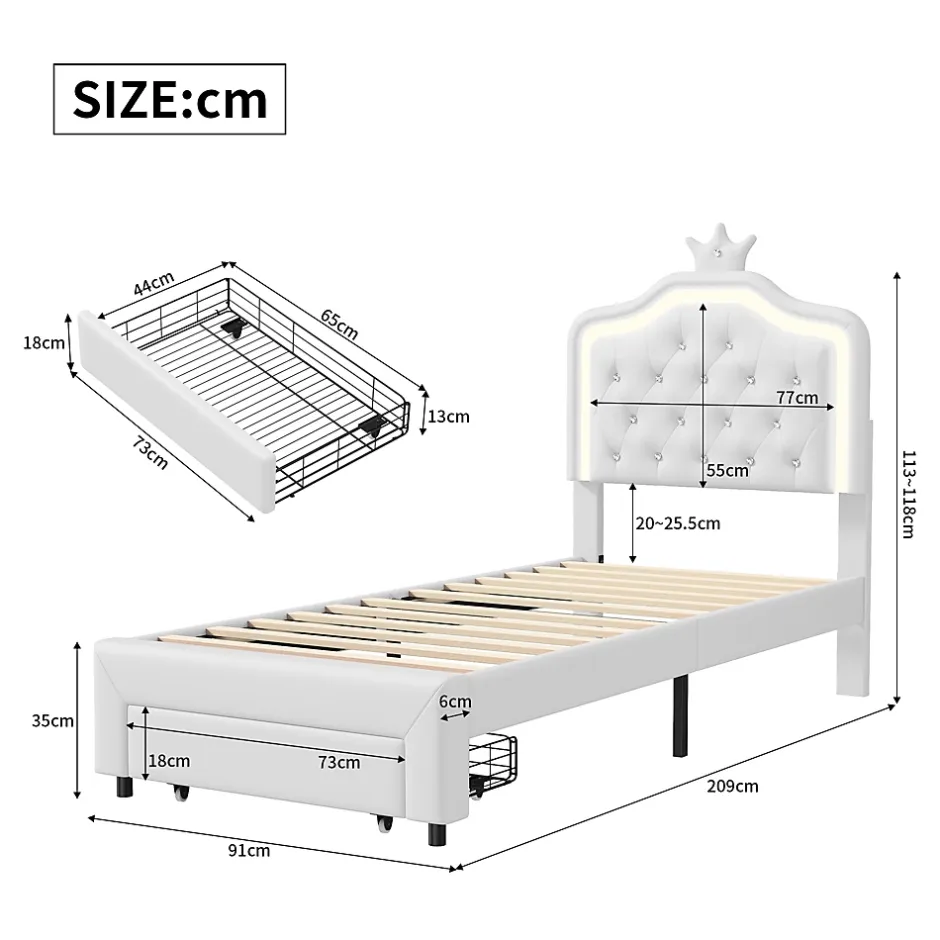 Simple Life Lit enfant 90x200 cm, lit simple avec sommier à lattes, tiroirs, LED, lit princesse avec couronne, blanc Discount
