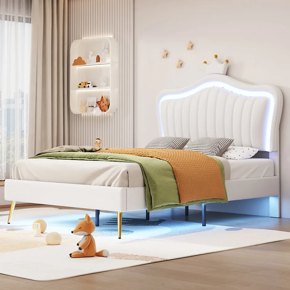 ProximaX Lit enfant 90x200 cm PU blanc, cadre couronne, LED, sommier à lattes, dossier, pratique et décoratif, sans matelas