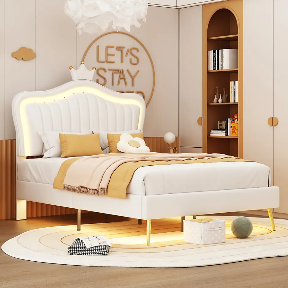 ProximaX Lit enfant 90x200 cm PU blanc, cadre couronne, LED, sommier à lattes, dossier, pratique et décoratif, sans matelas