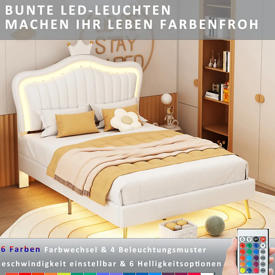 ProximaX Lit enfant 90x200 cm PU blanc, cadre couronne, LED, sommier à lattes, dossier, pratique et décoratif, sans matelas