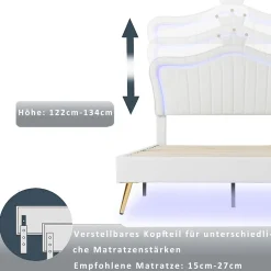 ProximaX Lit enfant 90x200 cm PU blanc, cadre couronne, LED, sommier à lattes, dossier, pratique et décoratif, sans matelas