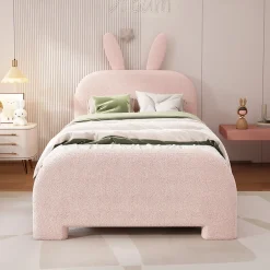 ProximaX Lit enfant 90x200 cm rembourré laine rose avec tête cartoon lapin et 2 tiroirs de rangement, Pratique et ludique