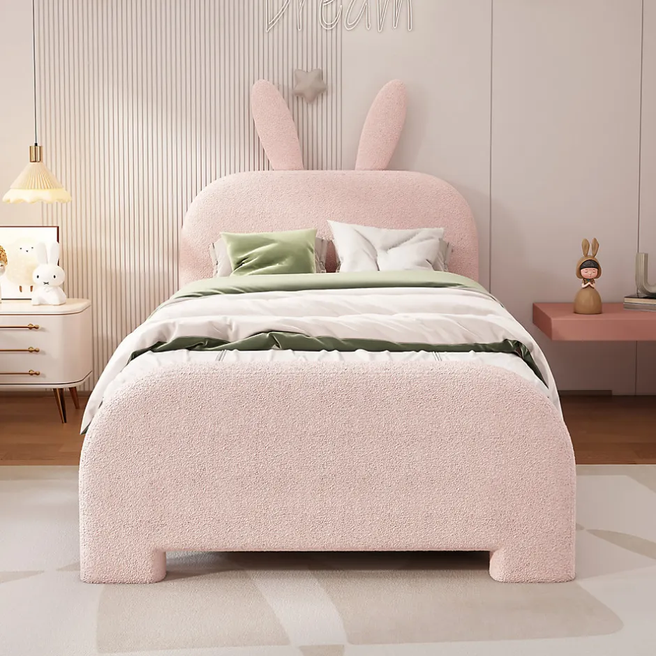 ProximaX Lit enfant 90x200 cm rembourré laine rose avec tête cartoon lapin et 2 tiroirs de rangement, Pratique et ludique