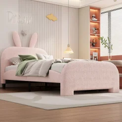 ProximaX Lit enfant 90x200 cm rembourré laine rose avec tête cartoon lapin et 2 tiroirs de rangement, Pratique et ludique