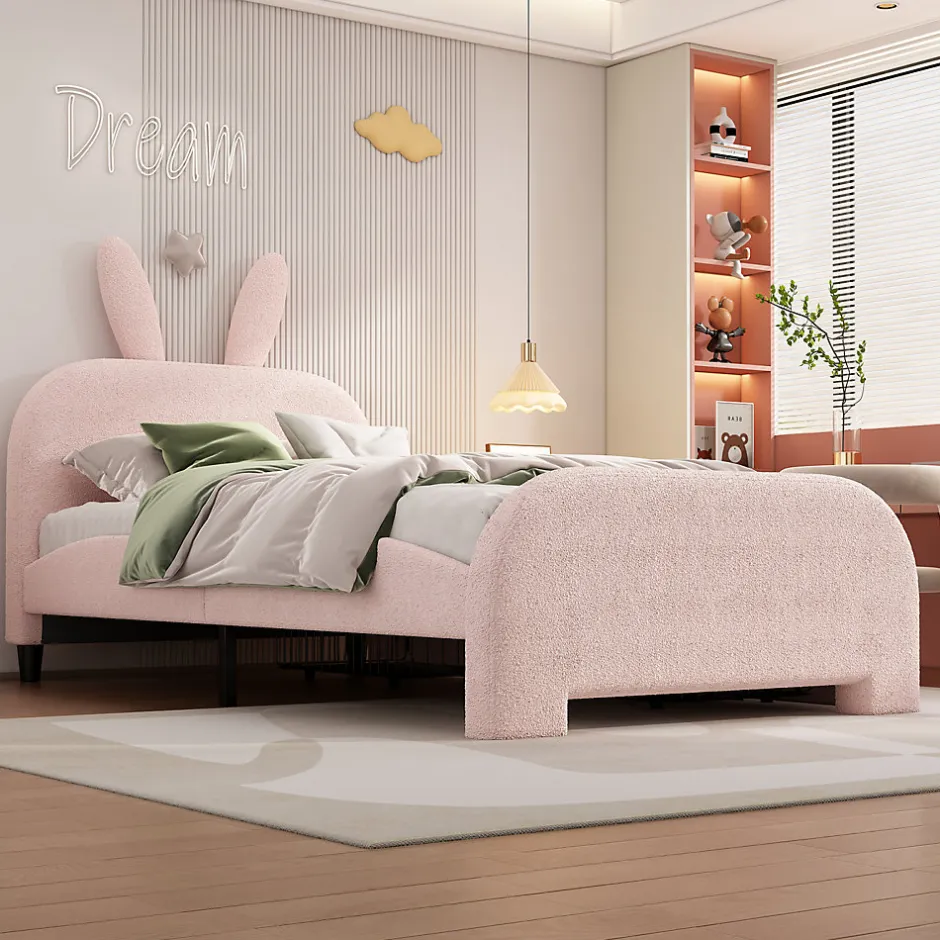 ProximaX Lit enfant 90x200 cm rembourré laine rose avec tête cartoon lapin et 2 tiroirs de rangement, Pratique et ludique