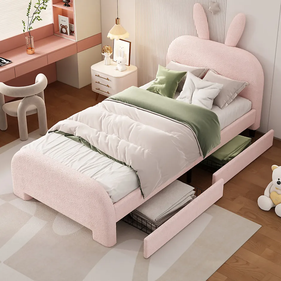 ProximaX Lit enfant 90x200 cm rembourré laine rose avec tête cartoon lapin et 2 tiroirs de rangement, Pratique et ludique