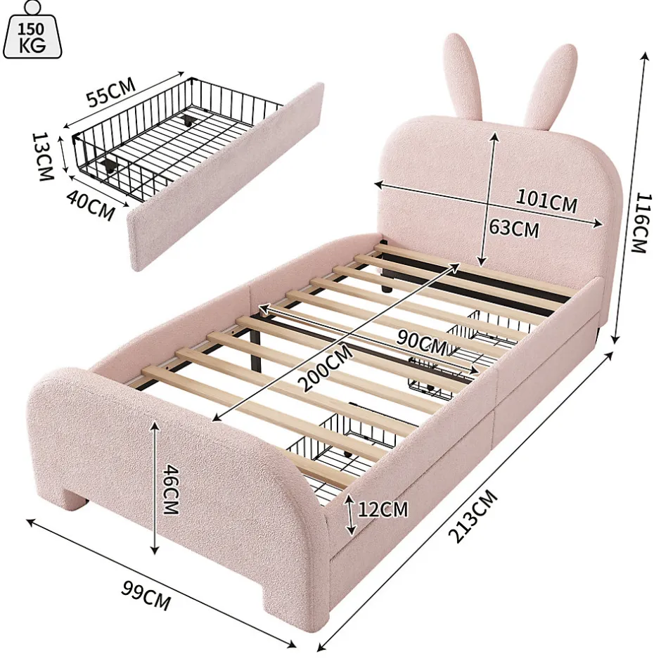 ProximaX Lit enfant 90x200 cm rembourré laine rose avec tête cartoon lapin et 2 tiroirs de rangement, Pratique et ludique