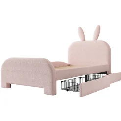 ProximaX Lit enfant 90x200 cm rembourré laine rose avec tête cartoon lapin et 2 tiroirs de rangement, Pratique et ludique
