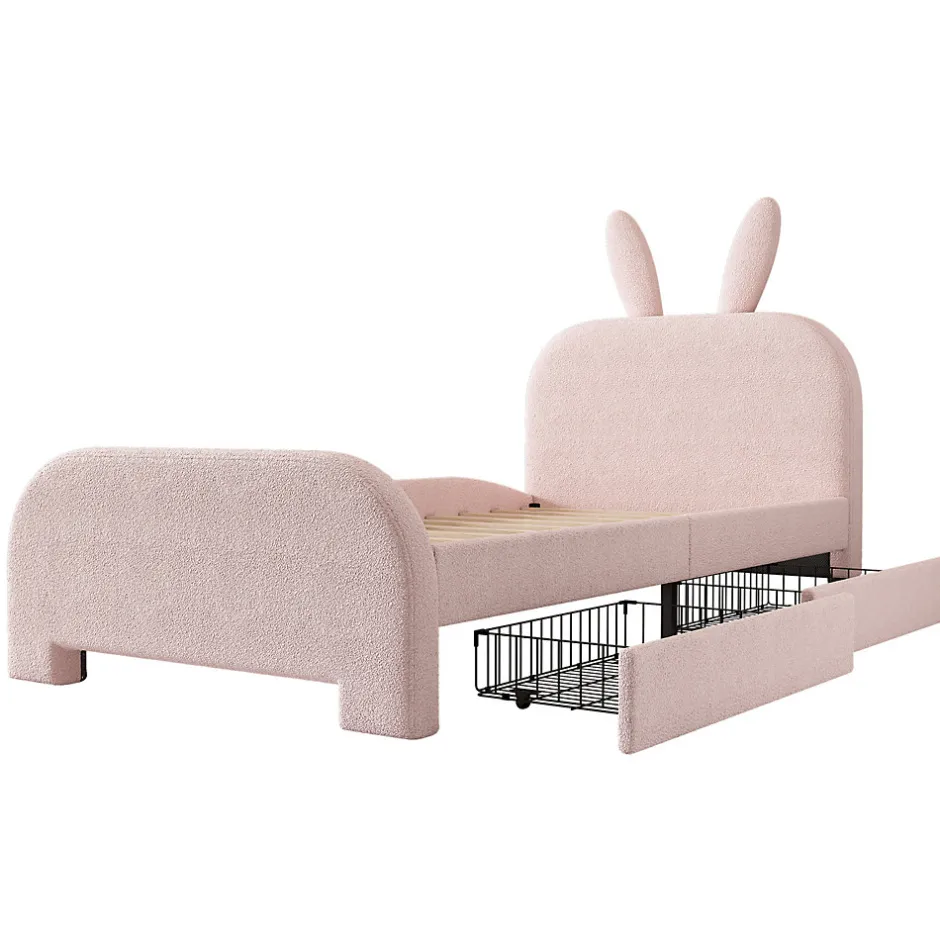 ProximaX Lit enfant 90x200 cm rembourré laine rose avec tête cartoon lapin et 2 tiroirs de rangement, Pratique et ludique