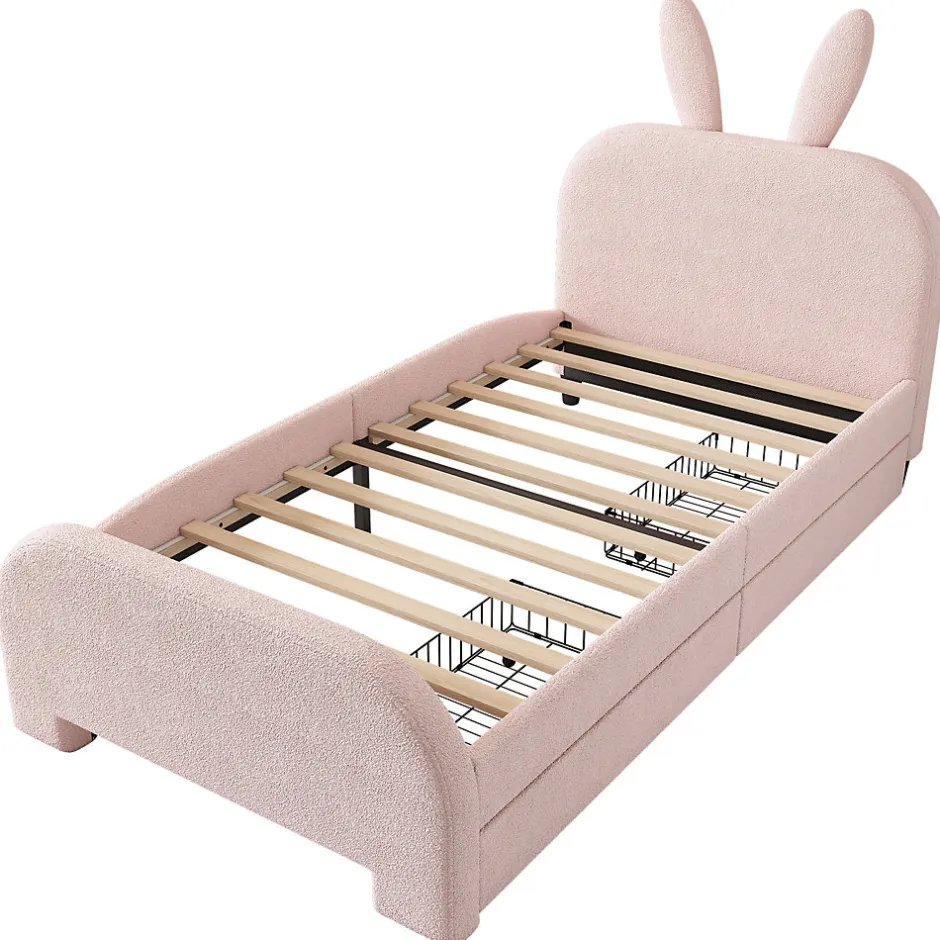 ProximaX Lit enfant 90x200 cm rembourré laine rose avec tête cartoon lapin et 2 tiroirs de rangement, Pratique et ludique