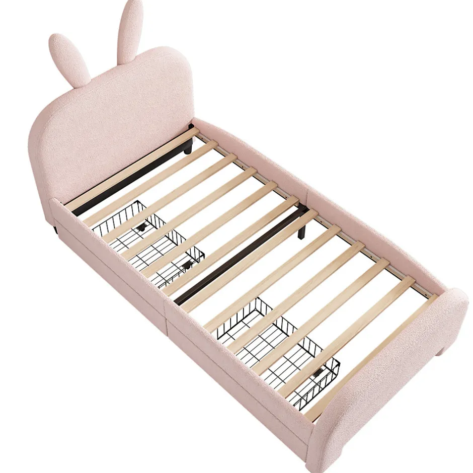 ProximaX Lit enfant 90x200 cm rembourré laine rose avec tête cartoon lapin et 2 tiroirs de rangement, Pratique et ludique