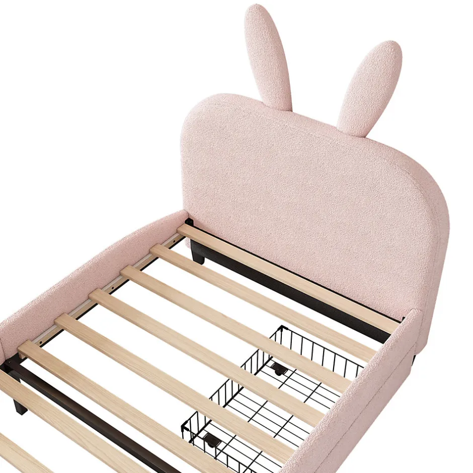 ProximaX Lit enfant 90x200 cm rembourré laine rose avec tête cartoon lapin et 2 tiroirs de rangement, Pratique et ludique