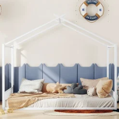 ProximaX Lit enfant 140x200 cm sans matelas, cadre en métal avec tête de lit en forme de maison, confortable, blanc
