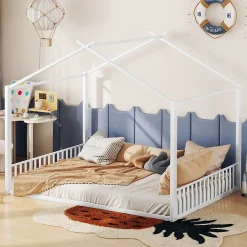 ProximaX Lit enfant 140x200 cm sans matelas, cadre en métal avec tête de lit en forme de maison, confortable, blanc