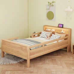 Enfant Okwish Lit enfant 90x200 cm simple avec USB/Type-C, LED et tête de lit rangement, pin massif et MDF naturel, sans matelas