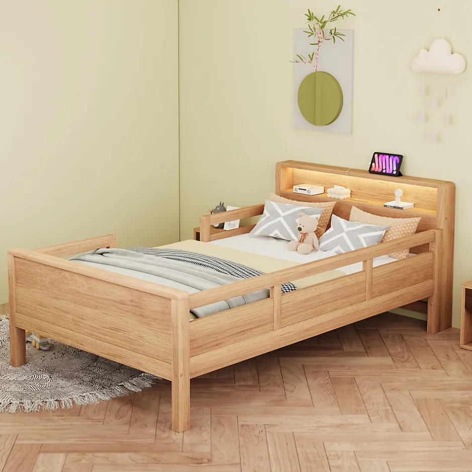 Enfant Okwish Lit enfant 90x200 cm simple avec USB/Type-C, LED et tête de lit rangement, pin massif et MDF naturel, sans matelas