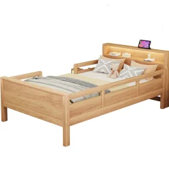 Enfant Okwish Lit enfant 90x200 cm simple avec USB/Type-C, LED et tête de lit rangement, pin massif et MDF naturel, sans matelas