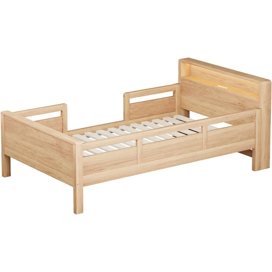 Enfant Okwish Lit enfant 90x200 cm simple avec USB/Type-C, LED et tête de lit rangement, pin massif et MDF naturel, sans matelas