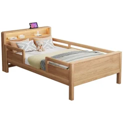 Enfant Okwish Lit enfant 90x200 cm simple avec USB/Type-C, LED et tête de lit rangement, pin massif et MDF naturel, sans matelas