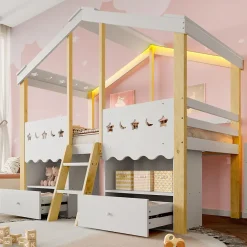 Okwish Lit enfant 90x200 cm simple mi-hauteur avec cabane, tiroirs pratiques et éclairage LED, pin+MDF blanc et bois clair Hot