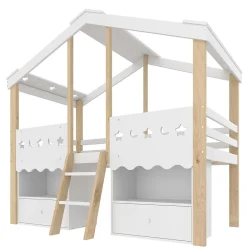 Okwish Lit enfant 90x200 cm simple mi-hauteur avec cabane, tiroirs pratiques et éclairage LED, pin+MDF blanc et bois clair Hot