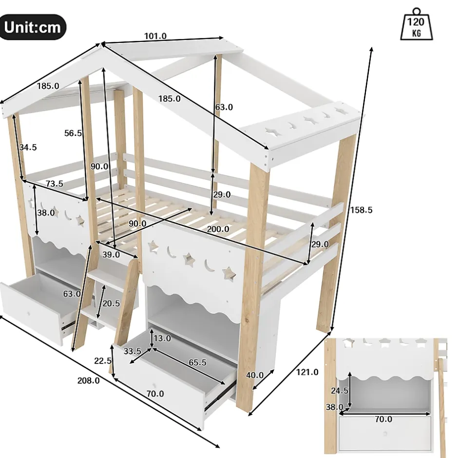 Okwish Lit enfant 90x200 cm simple mi-hauteur avec cabane, tiroirs pratiques et éclairage LED, pin+MDF blanc et bois clair Hot
