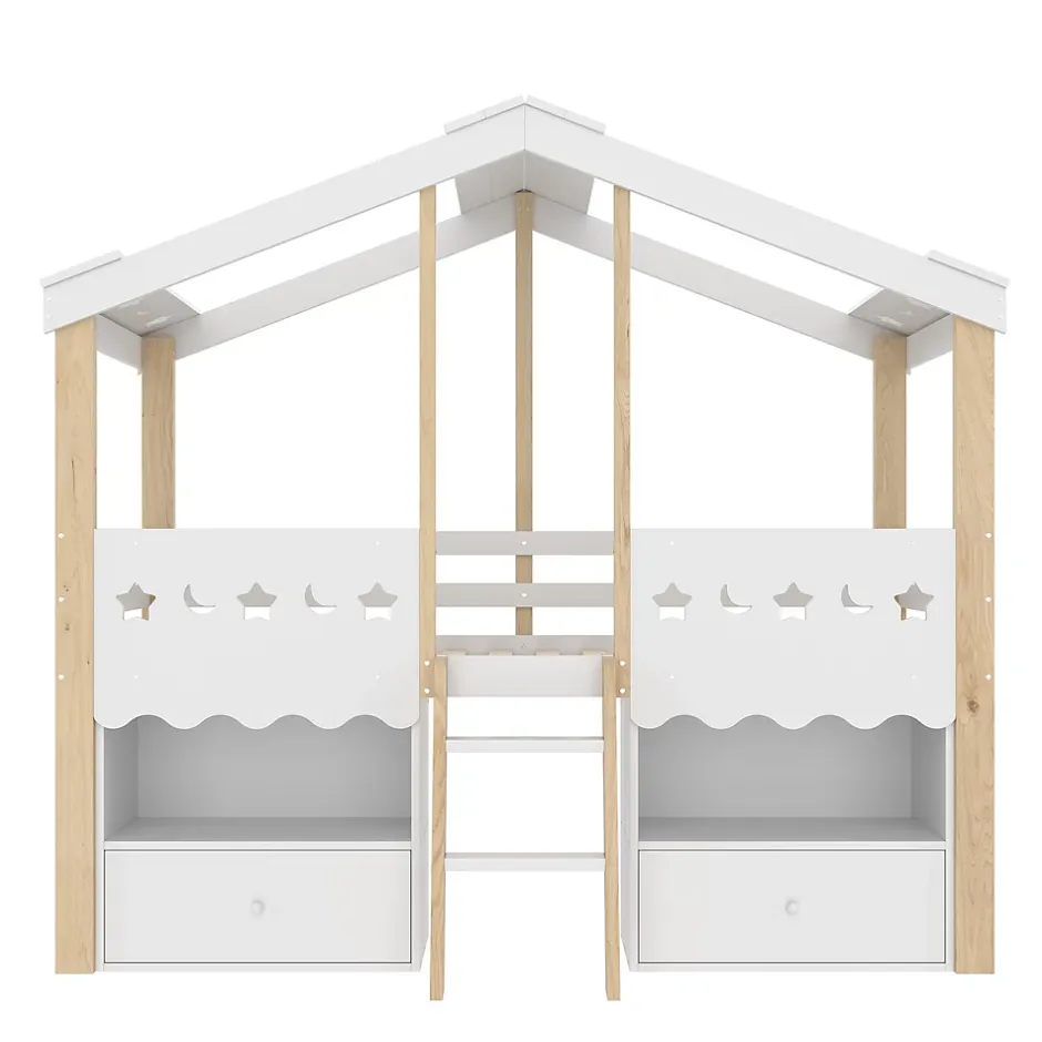 Okwish Lit enfant 90x200 cm simple mi-hauteur avec cabane, tiroirs pratiques et éclairage LED, pin+MDF blanc et bois clair Hot