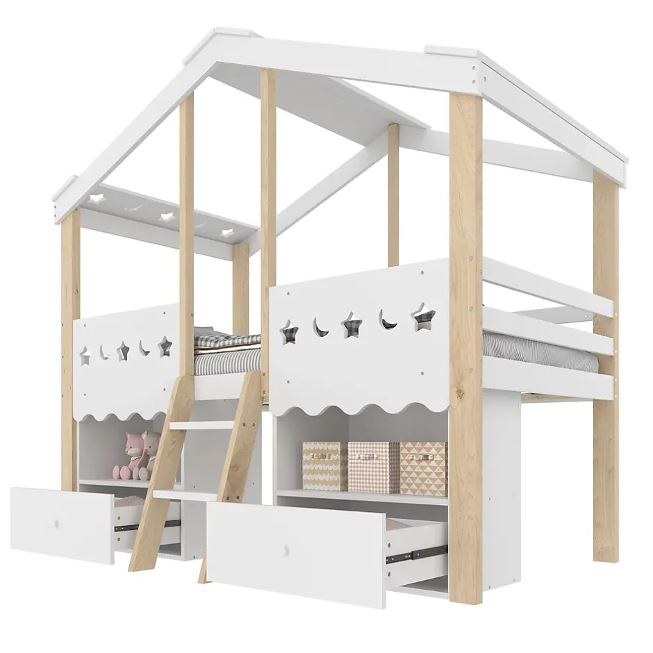 Okwish Lit enfant 90x200 cm simple mi-hauteur avec cabane, tiroirs pratiques et éclairage LED, pin+MDF blanc et bois clair Hot