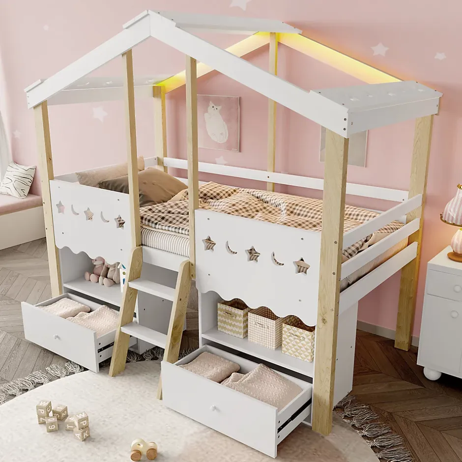 Okwish Lit enfant 90x200 cm simple mi-hauteur avec cabane, tiroirs pratiques et éclairage LED, pin+MDF blanc et bois clair Hot