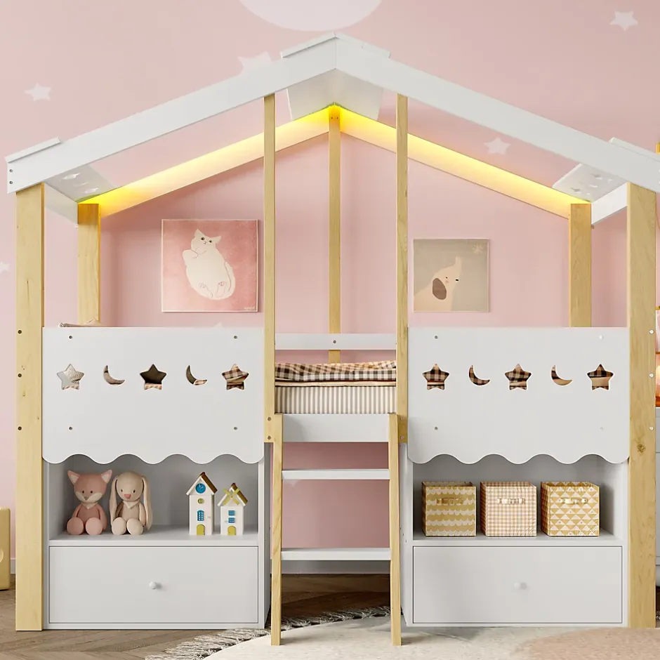 Okwish Lit enfant 90x200 cm simple mi-hauteur avec cabane, tiroirs pratiques et éclairage LED, pin+MDF blanc et bois clair Hot