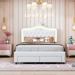 Generique lit enfant 140x200 cm,lit simple capitonné 140 x 200 avec tiroir,LED réglable,lit princesse avec couronne,PU,blanc