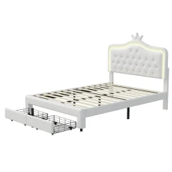 Generique lit enfant 140x200 cm,lit simple capitonné 140 x 200 avec tiroir,LED réglable,lit princesse avec couronne,PU,blanc