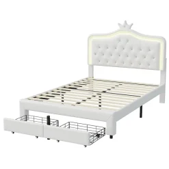 Generique lit enfant 140x200 cm,lit simple capitonné 140 x 200 avec tiroir,LED réglable,lit princesse avec couronne,PU,blanc