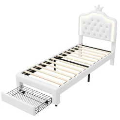 Generique lit enfant 90x200 cm,lit simple capitonné 90 x 200 avec tiroir,LED réglable,lit princesse avec couronne,PU,blanc Best