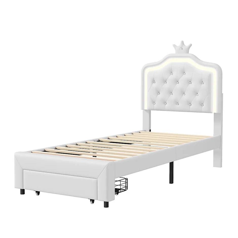 Generique lit enfant 90x200 cm,lit simple capitonné 90 x 200 avec tiroir,LED réglable,lit princesse avec couronne,PU,blanc Best