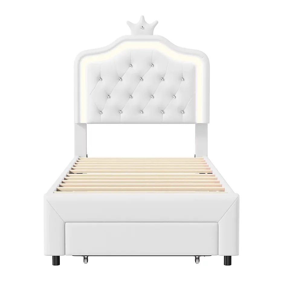 Generique lit enfant 90x200 cm,lit simple capitonné 90 x 200 avec tiroir,LED réglable,lit princesse avec couronne,PU,blanc Best