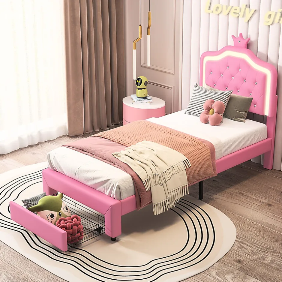 ProximaX lit enfant 90x200 cm,lit simple capitonné 90 x 200 avec tiroir,LED réglable,lit princesse avec couronne,PU,ROSE