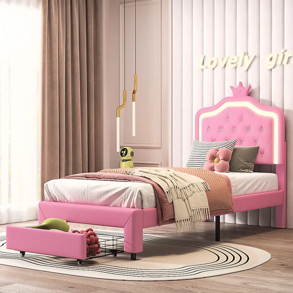 ProximaX lit enfant 90x200 cm,lit simple capitonné 90 x 200 avec tiroir,LED réglable,lit princesse avec couronne,PU,ROSE