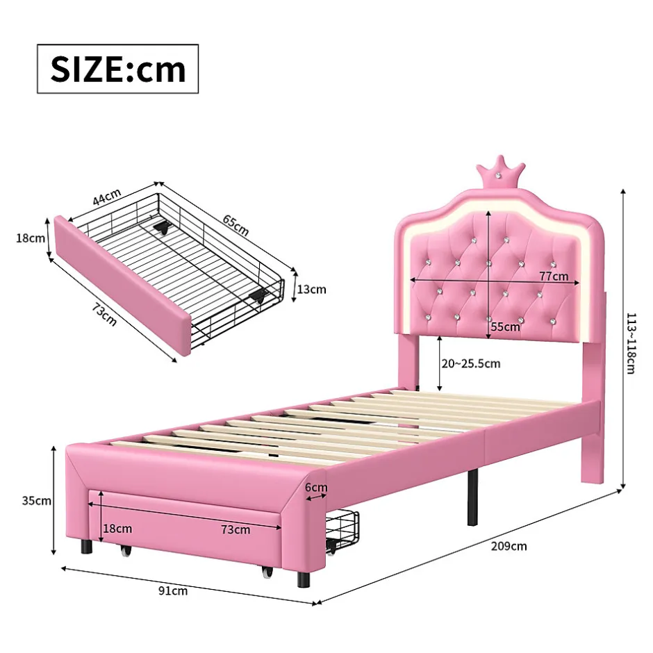 ProximaX lit enfant 90x200 cm,lit simple capitonné 90 x 200 avec tiroir,LED réglable,lit princesse avec couronne,PU,ROSE
