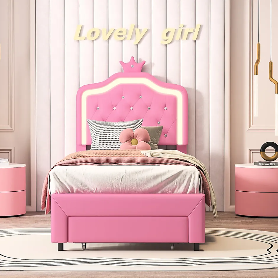 ProximaX lit enfant 90x200 cm,lit simple capitonné 90 x 200 avec tiroir,LED réglable,lit princesse avec couronne,PU,ROSE